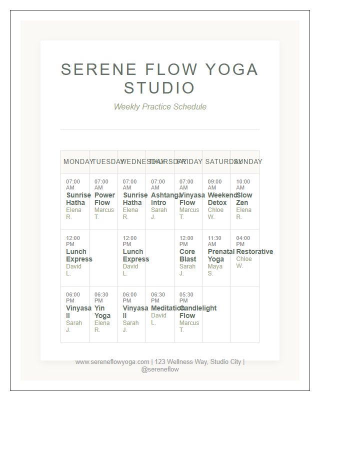 Professional Yoga Studio Weekly Timetable Printable Chart