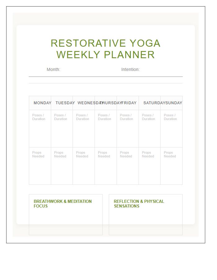 Restorative Yoga Weekly Planner Chart Printable