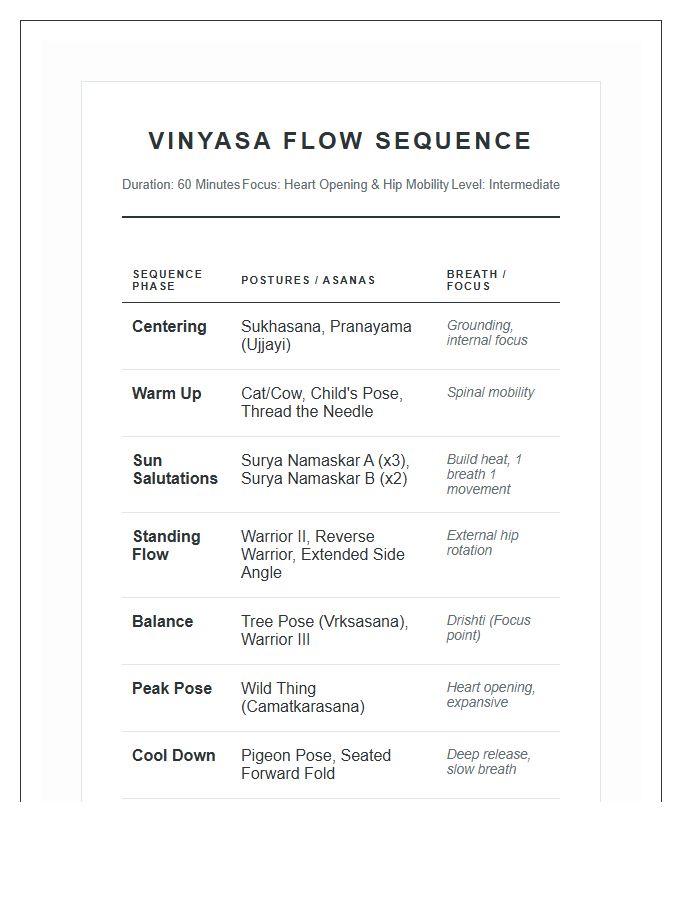 Vinyasa Yoga Class Sequence Chart Printable