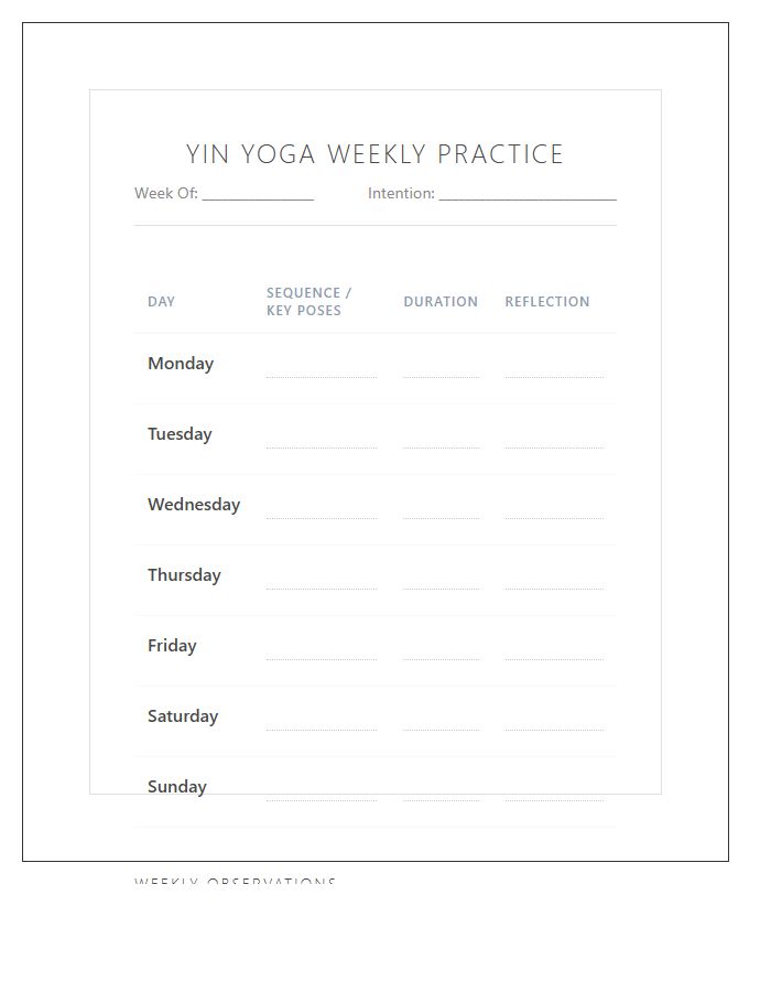 Yin Yoga Weekly Session Chart Printable