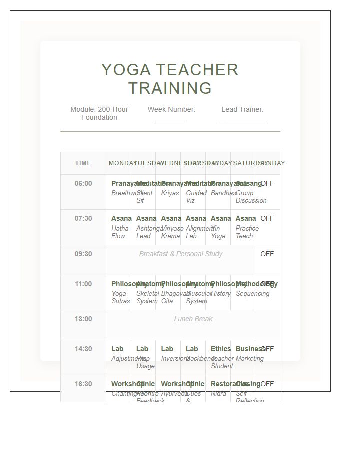 Yoga Teacher Training Weekly Schedule Chart Printable