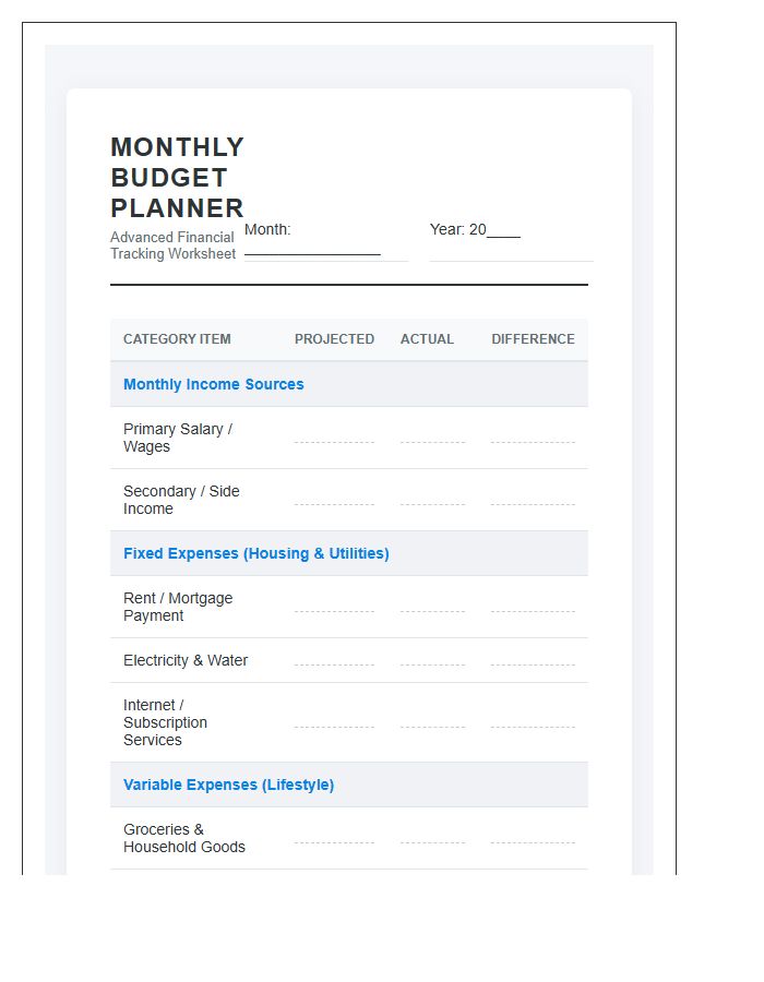 Advanced Monthly Budget Planning Printable Chart Worksheet