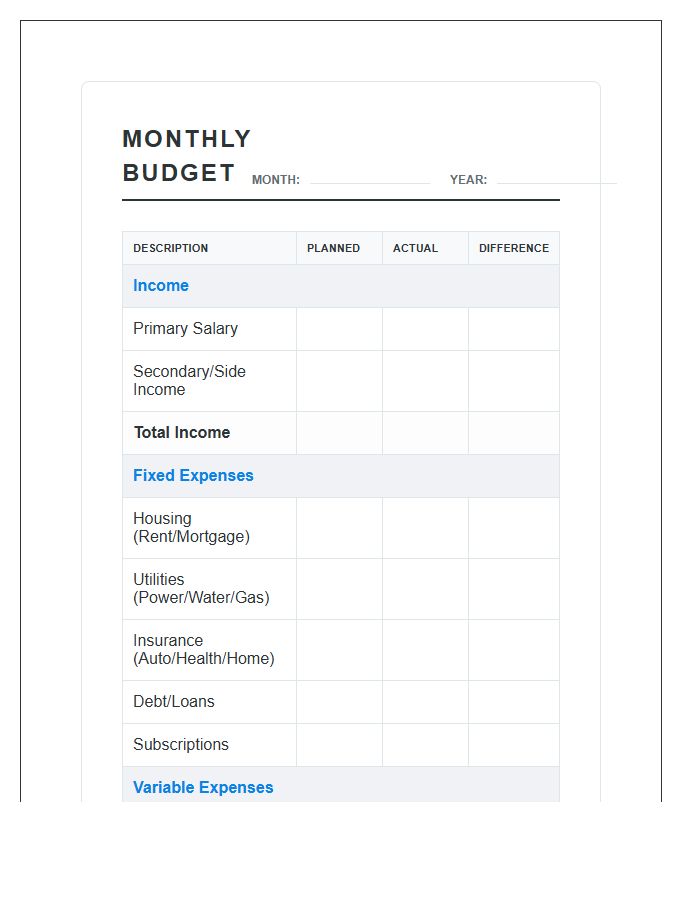 Comprehensive Monthly Budget Planning Printable Chart Organizer