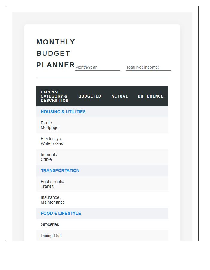 Detailed Monthly Budget Planning Printable Chart Tracker