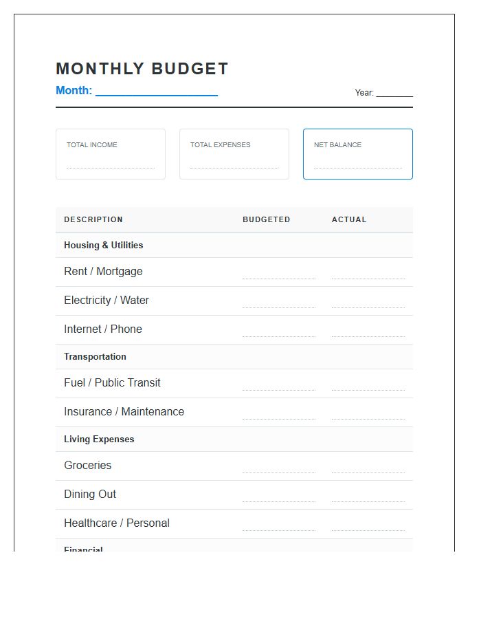 Essential Monthly Budget Planning Printable Chart Format