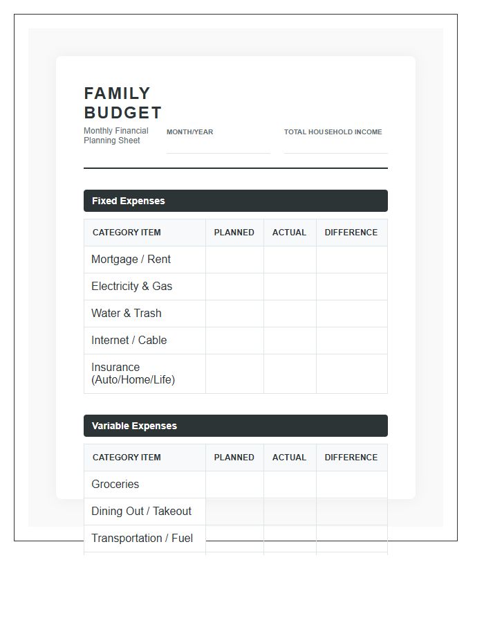 Family Monthly Budget Planning Printable Chart Layout