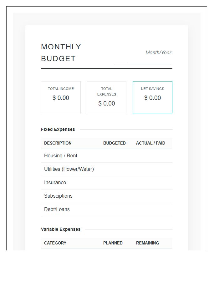 Integrated Monthly Budget Planning Printable Chart Notebook