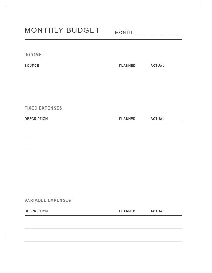 Minimalist Monthly Budget Planning Printable Chart
