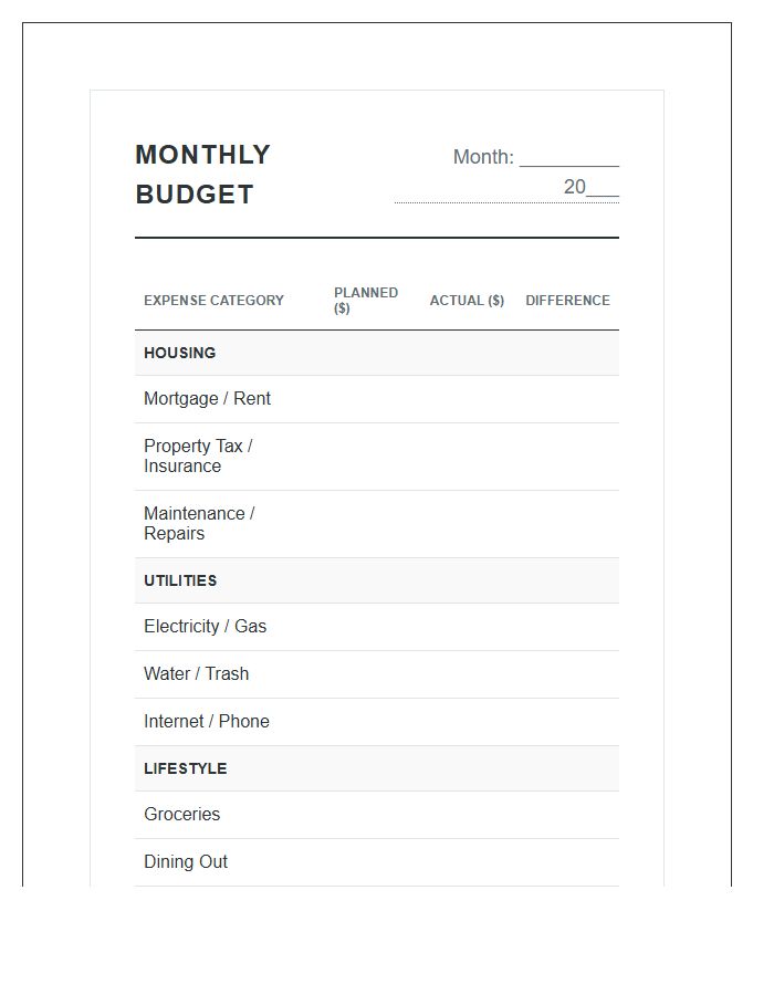 Monthly Household Expense Budget Planning Printable Chart