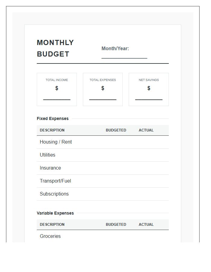 Monthly Savings And Budget Planning Printable Chart