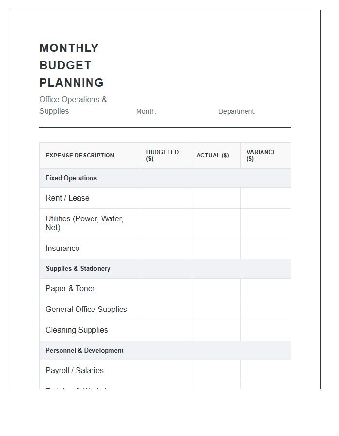 Office Monthly Budget Planning Printable Chart Document