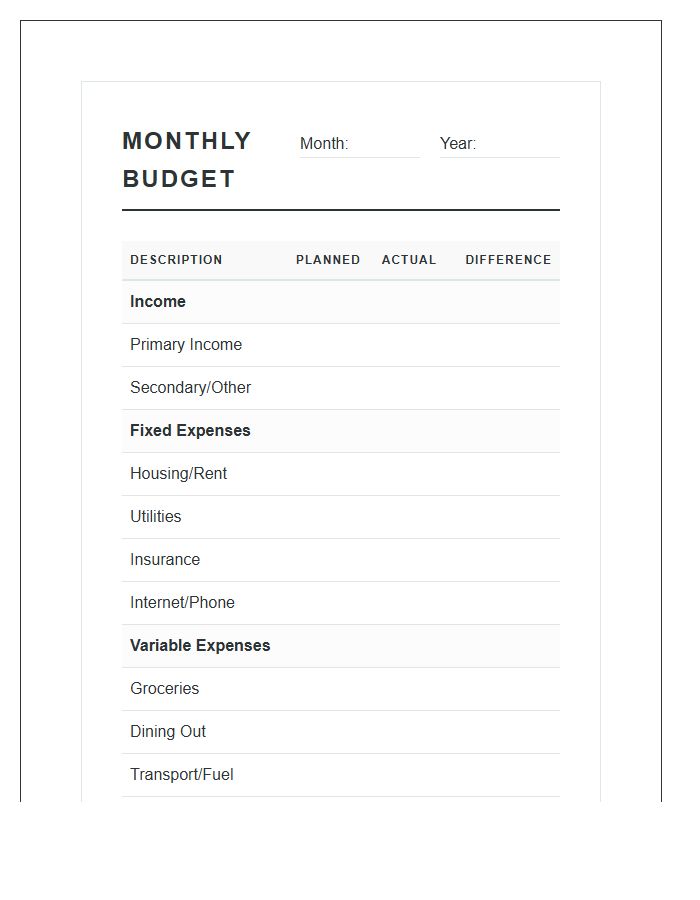 Physical Monthly Budget Planning Printable Chart Journal