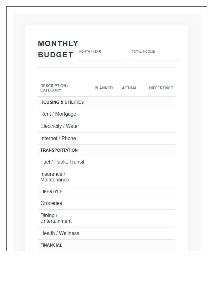Practical Monthly Budget Planning Printable Chart Ledger