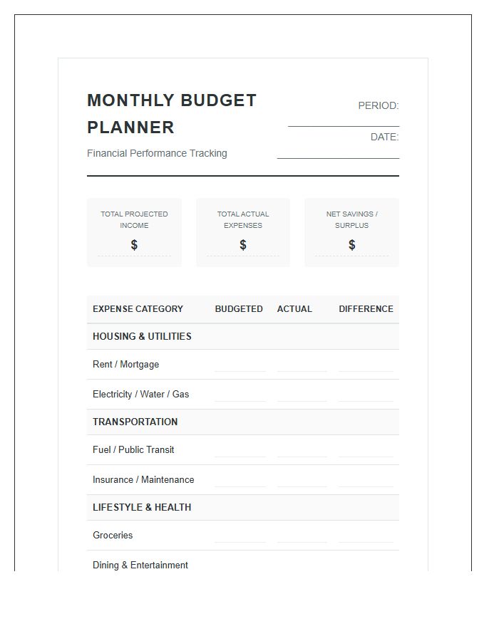 Professional Monthly Budget Planning Printable Chart System