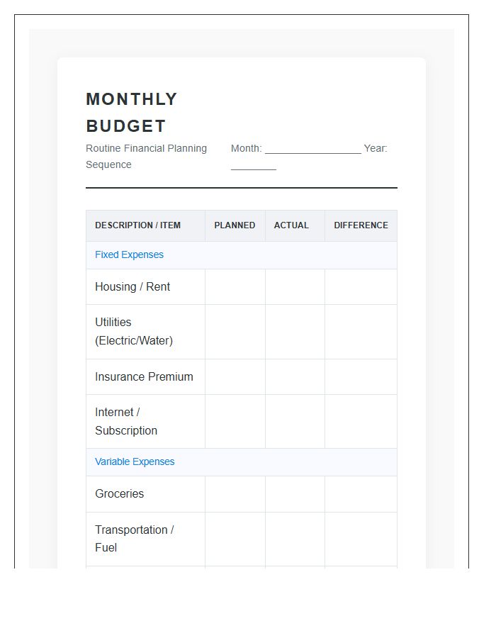 Routine Monthly Budget Planning Printable Chart Sequence