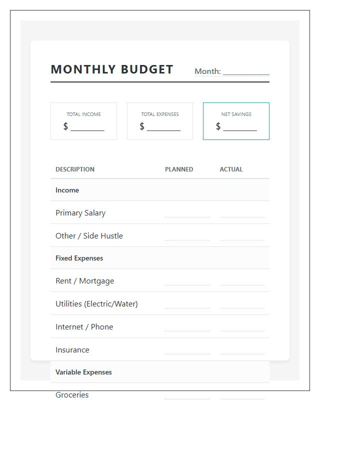 Simple Monthly Budget Planning Printable Chart Design