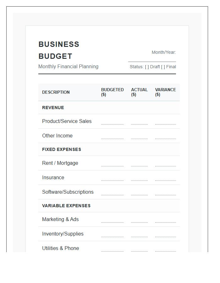 Small Business Monthly Budget Planning Printable Chart