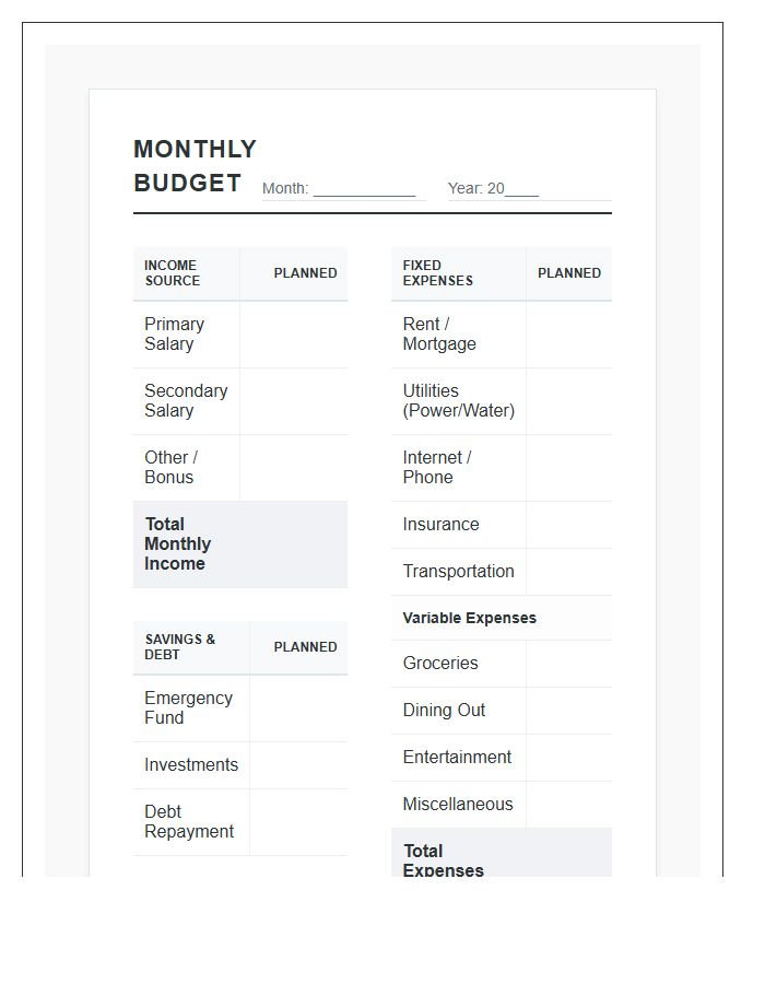Standard Monthly Budget Planning Printable Chart Form