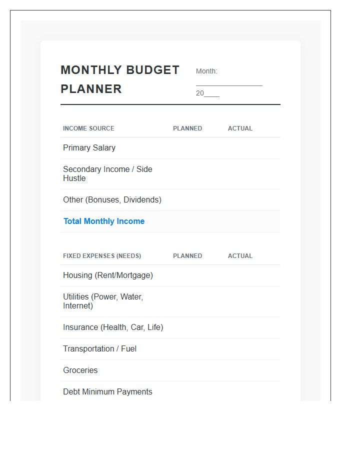 Structured Monthly Budget Planning Printable Chart Guide