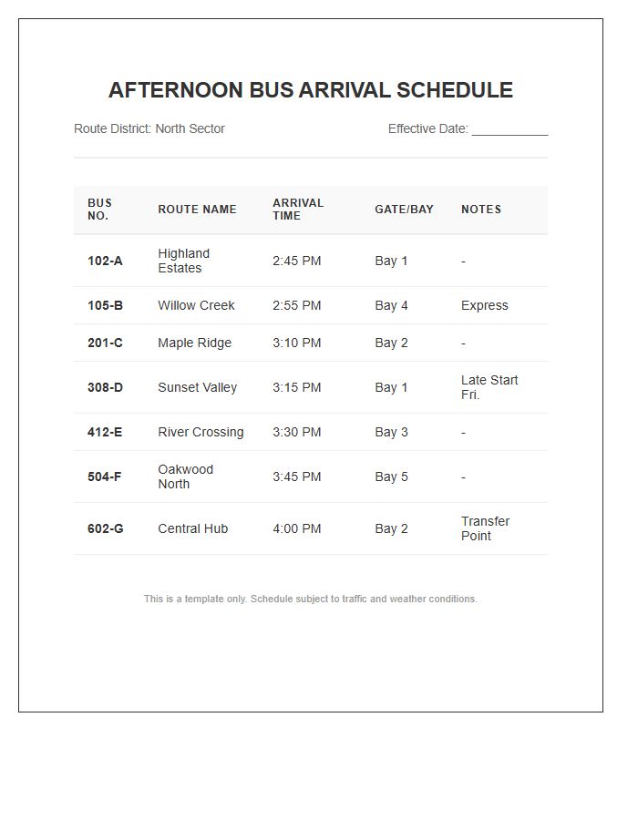 Afternoon Bus Arrival Schedule Printable Chart