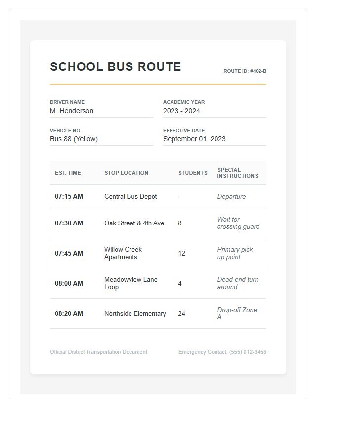 Daily School Bus Route Printable Chart