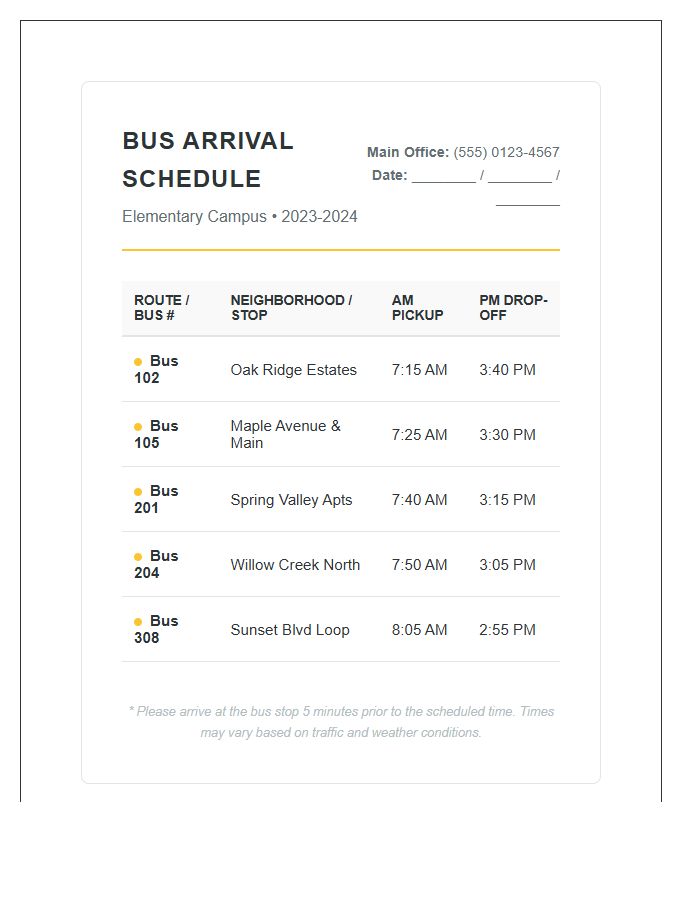 Elementary School Bus Route Arrival Printable Chart
