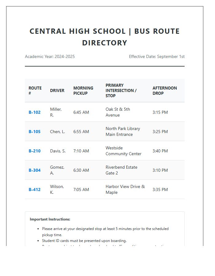 High School Bus Route Printable Chart