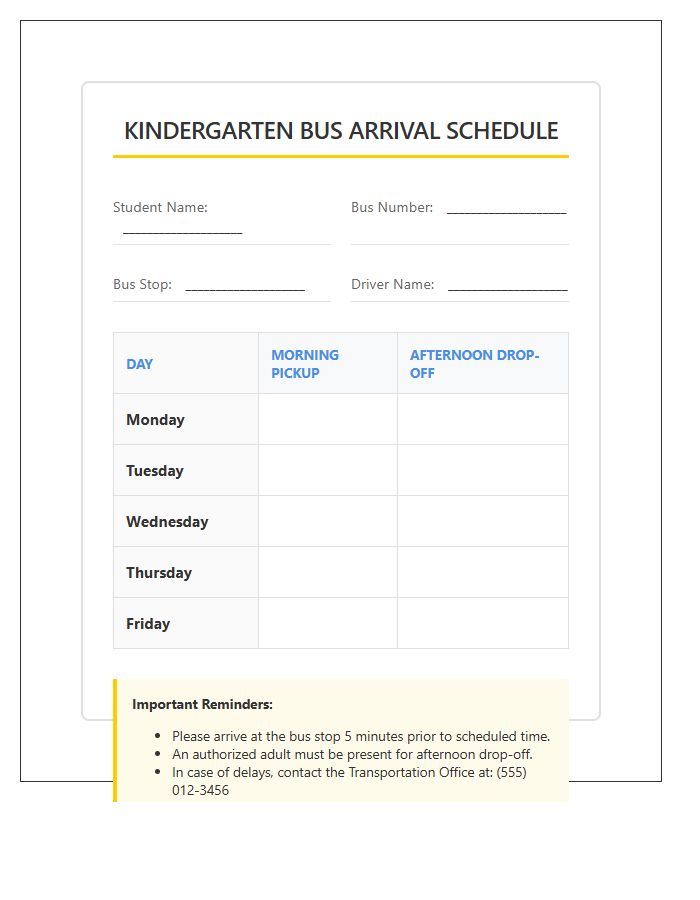 Kindergarten Bus Arrival Schedule Printable Chart
