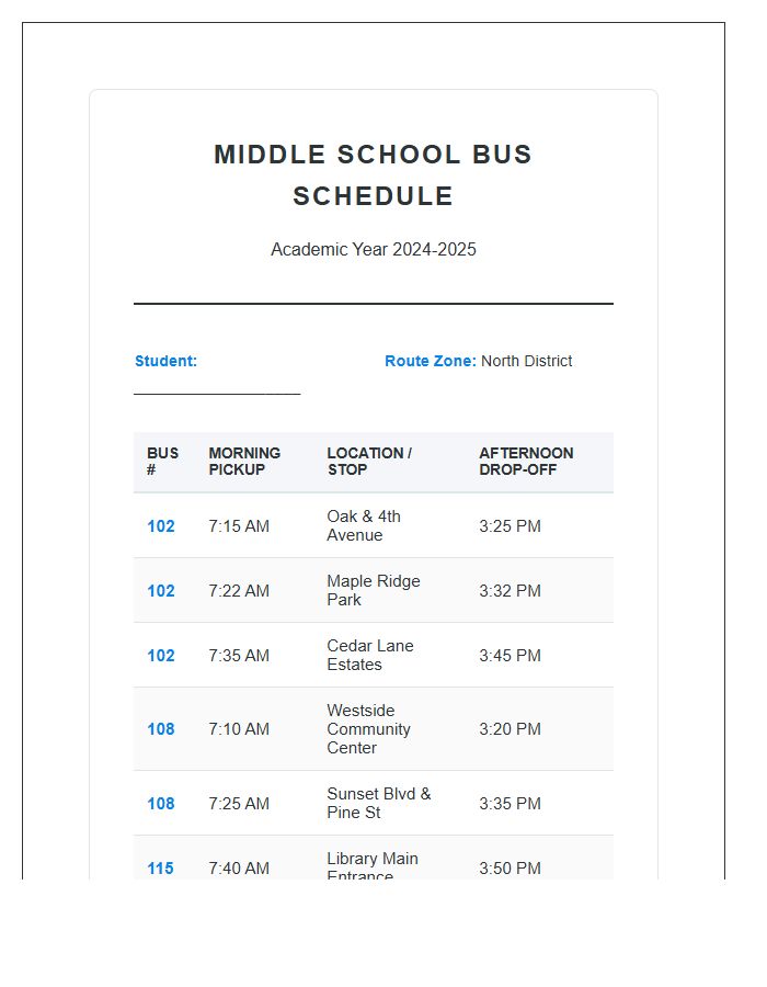 Middle School Bus Schedule Printable Chart