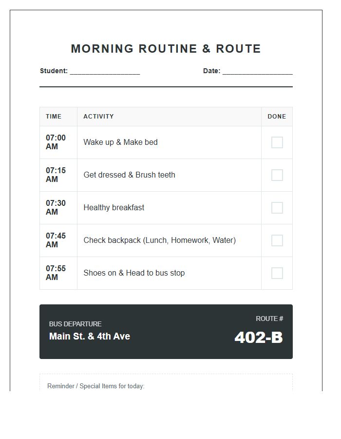 Morning Routine Bus Route Printable Chart