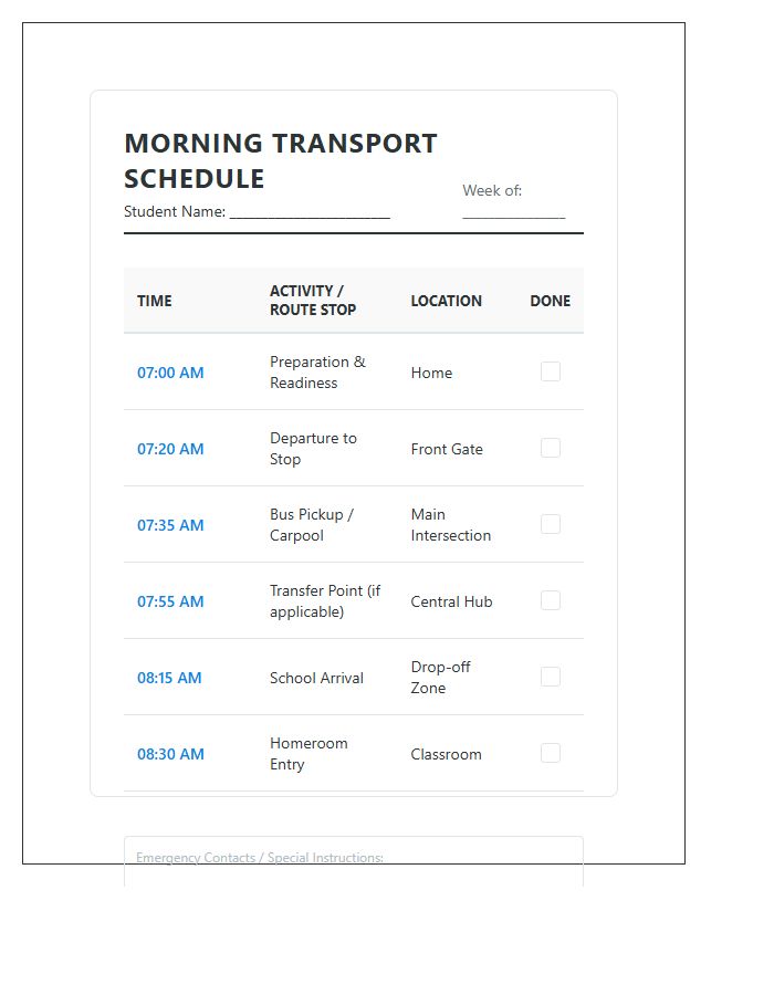 Morning Student Transport Schedule Printable Chart