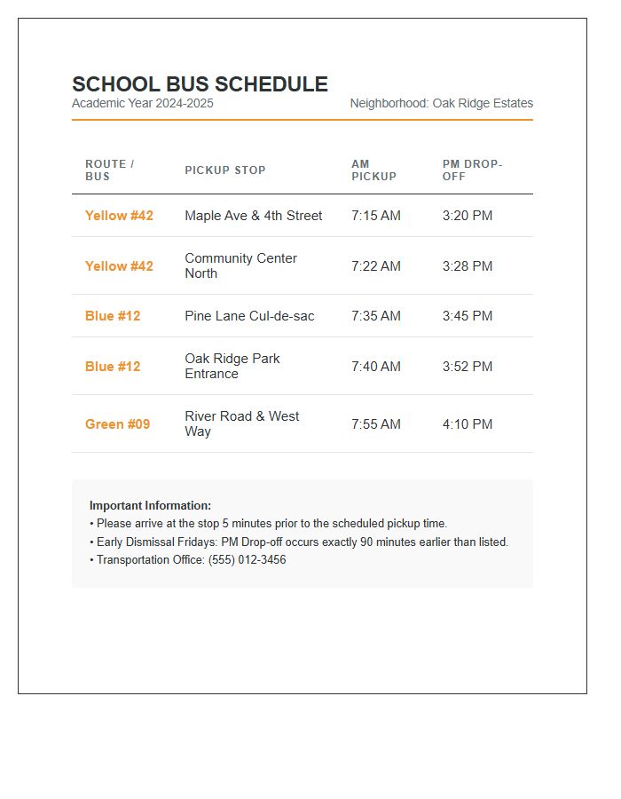 Neighborhood School Bus Schedule Printable Chart