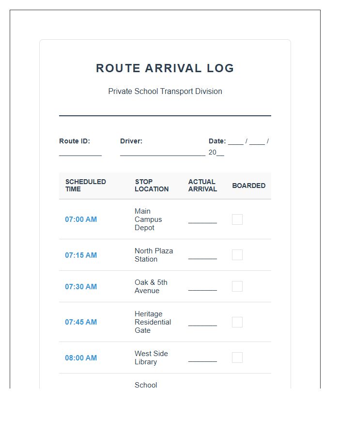 Private School Route Arrival Printable Chart