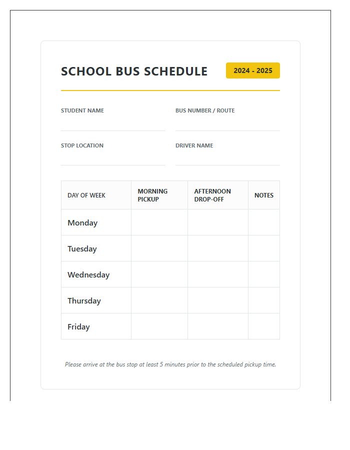 Public School Bus Arrival Printable Chart