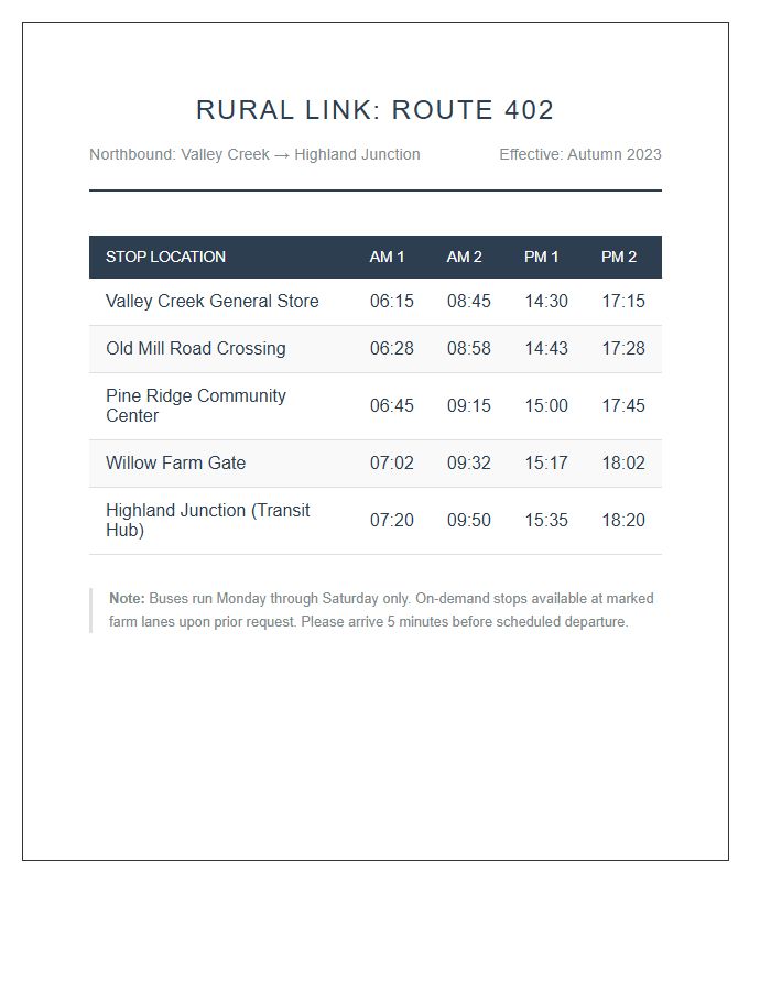Rural Bus Route Schedule Printable Chart