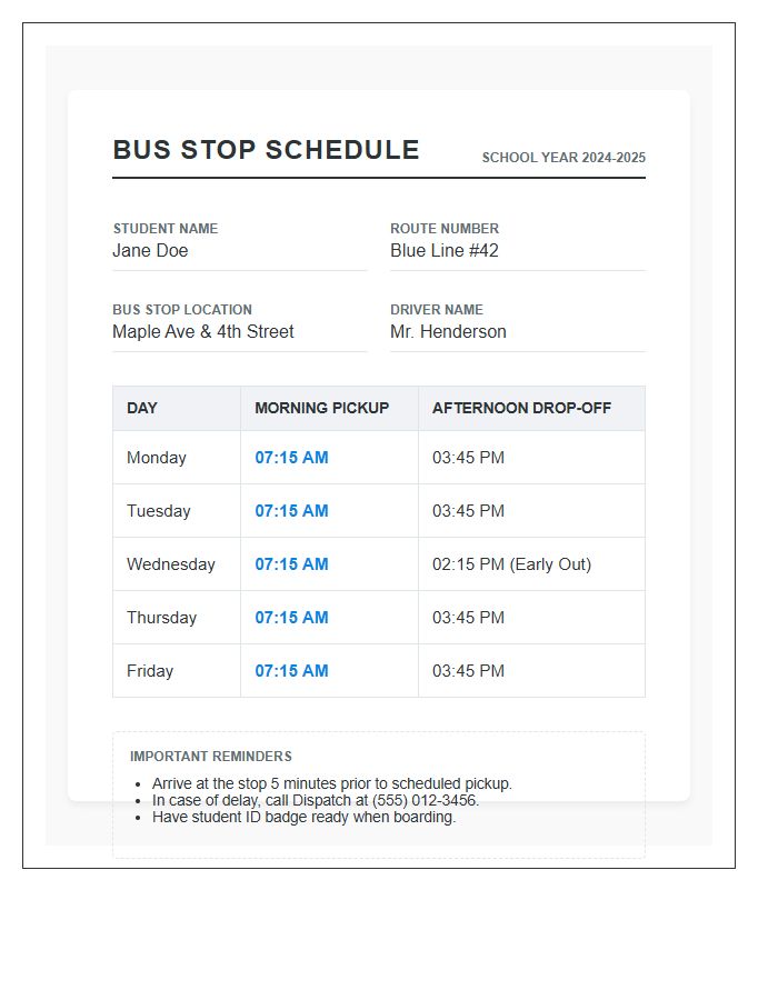 Student Bus Stop Schedule Printable Chart