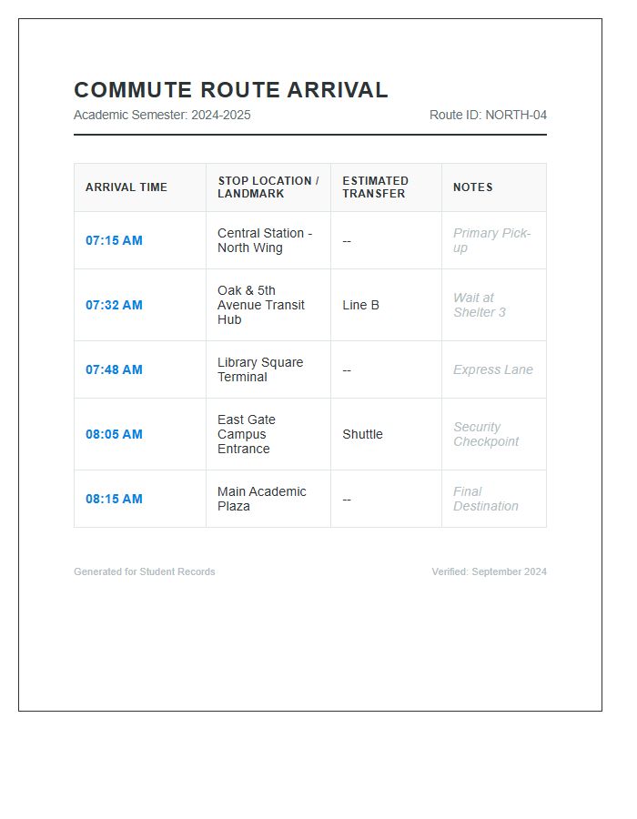 Student Commute Route Arrival Printable Chart