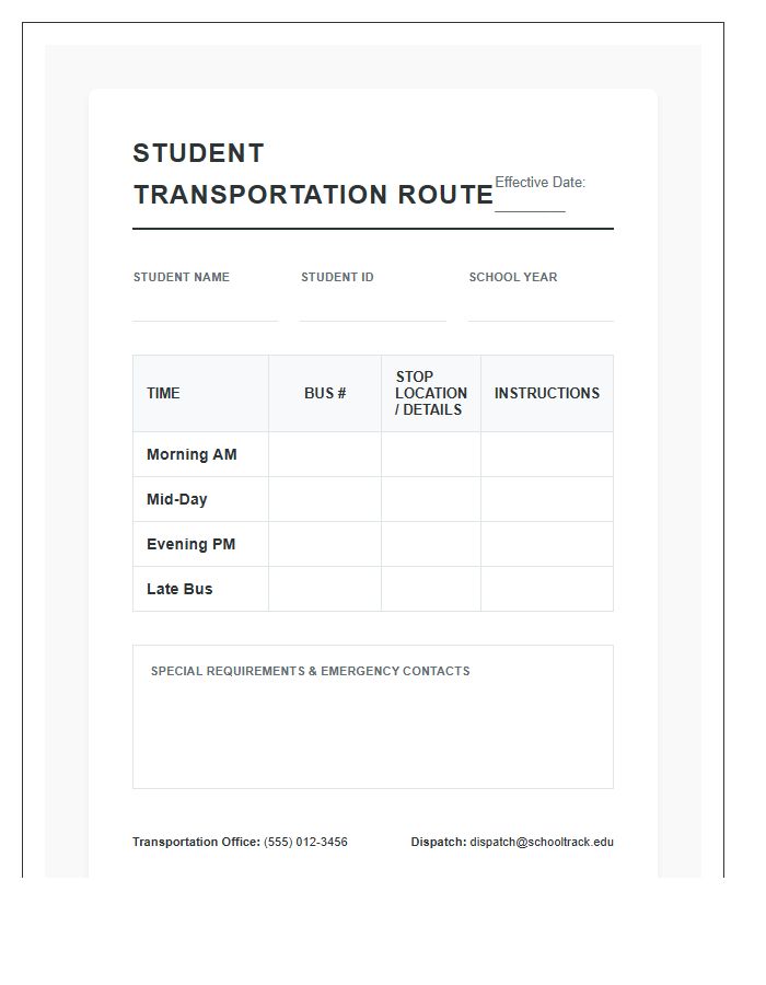 Student Transportation Route Printable Chart