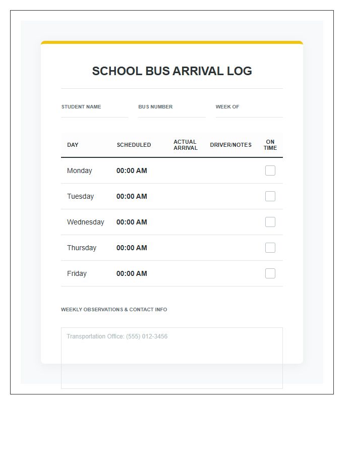 Suburban School Bus Arrival Printable Chart