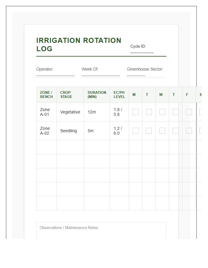 Commercial Greenhouse Irrigation Rotation Printable Chart