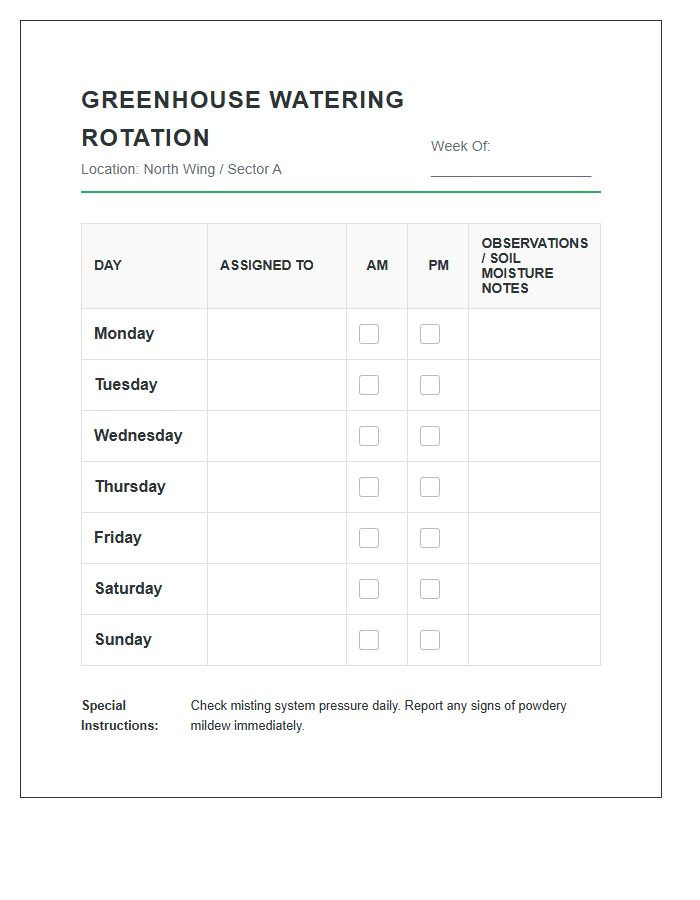 Daily Greenhouse Watering Rotation Printable Chart