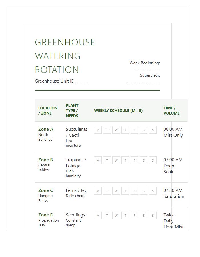 Detailed Greenhouse Watering Rotation Printable Chart
