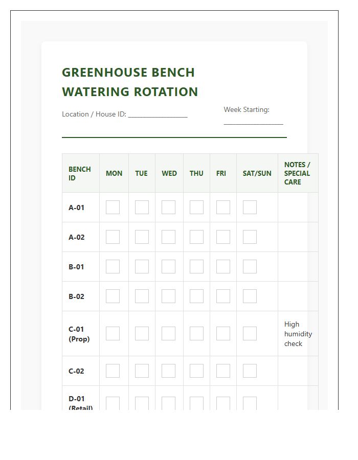Greenhouse Bench Watering Rotation Printable Chart