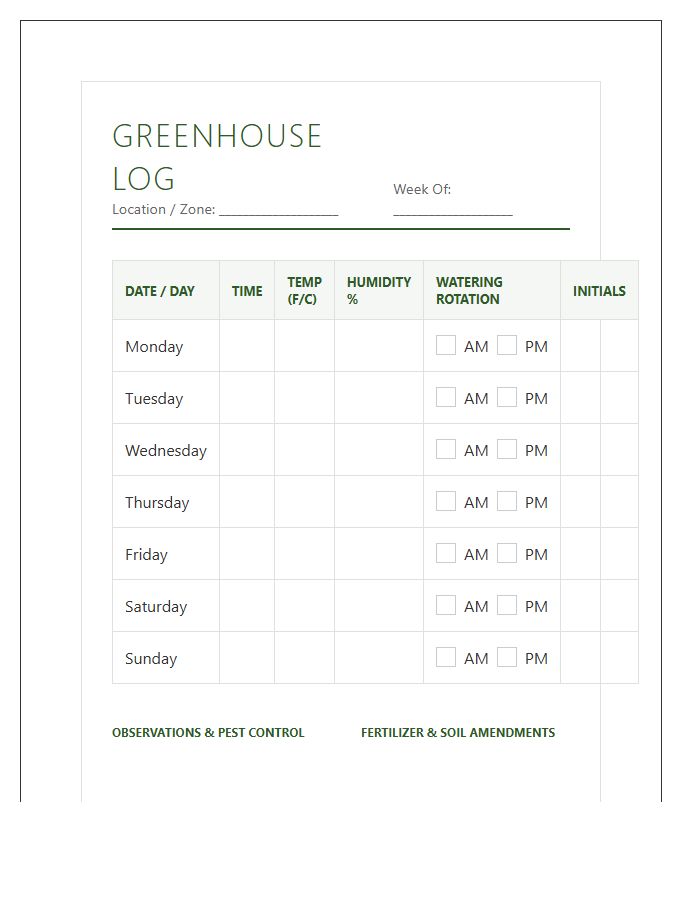 Greenhouse Humidity And Watering Rotation Printable Chart