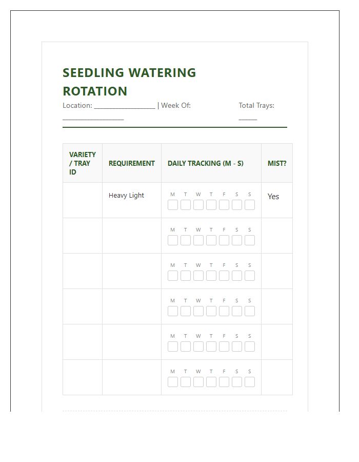 Greenhouse Seedling Watering Rotation Printable Chart