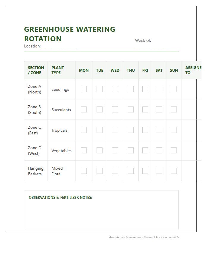 Greenhouse Watering Rotation Schedule Printable Chart