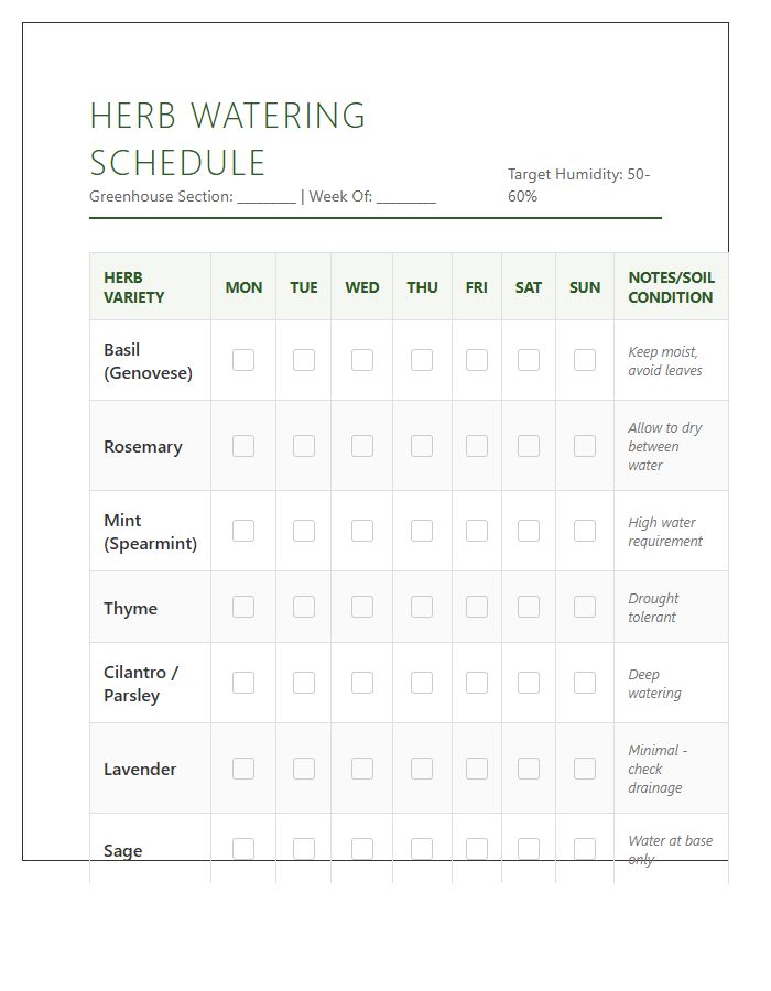 Herb Greenhouse Watering Schedule Printable Chart