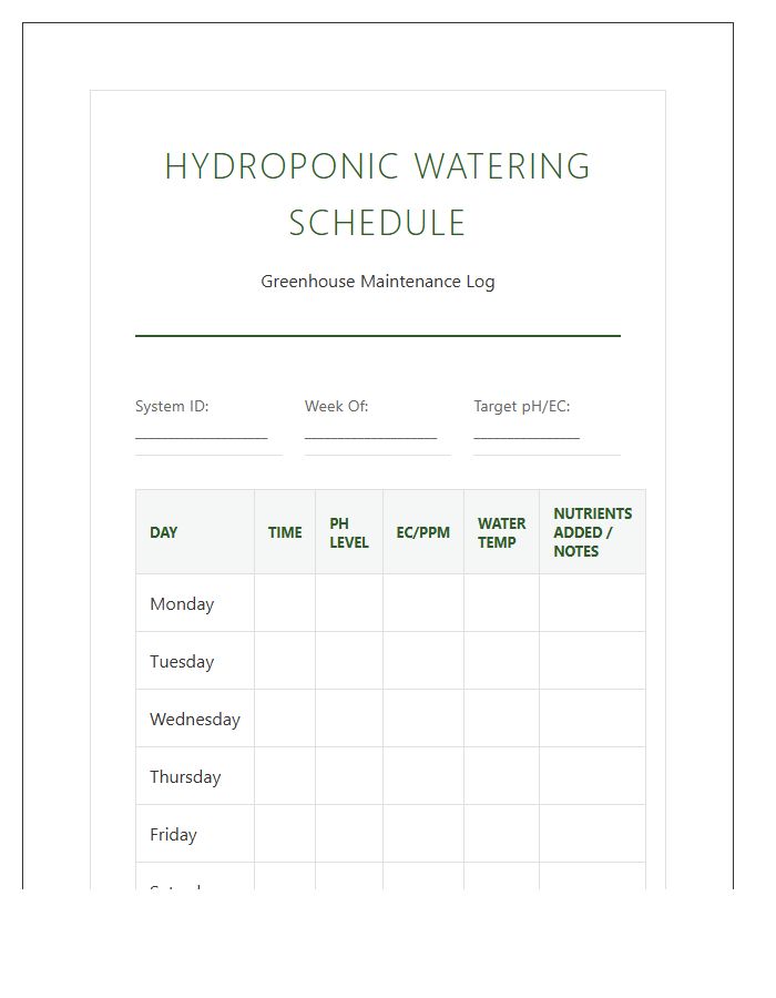 Hydroponic Greenhouse Watering Schedule Printable Chart