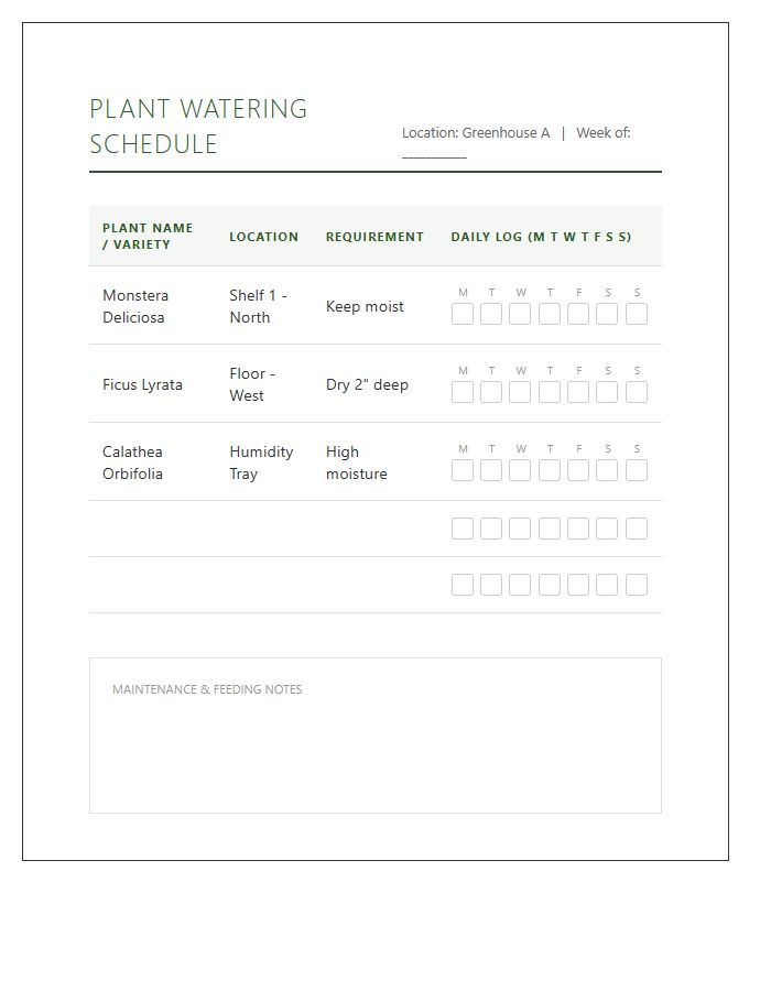 Indoor Greenhouse Plant Watering Schedule Printable Chart