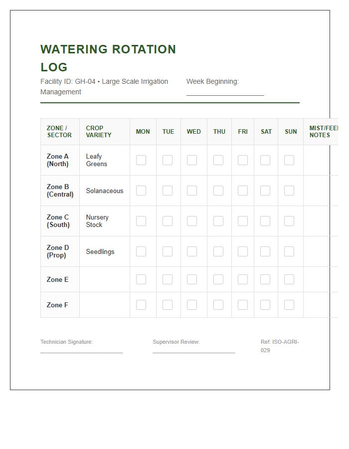Large Scale Greenhouse Watering Rotation Printable Chart